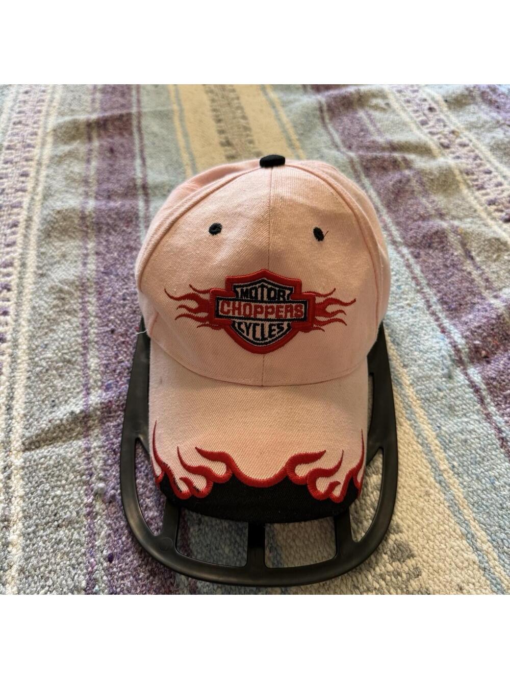 Vintage 00s Y2K Pink Choppers Motor Cycles Biker Flame Logo Hat OSFA